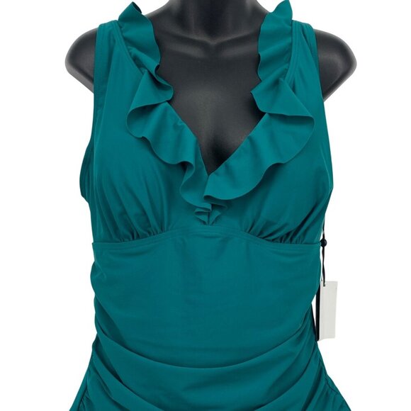 DKNY Women Ruffle Teal Swimsuit Size 16 One Piece Compression UPF SPF 50 New - Picture 2 of 7